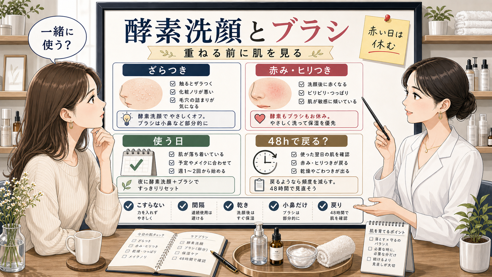 酵素洗顔とブラシを一緒に使うか分けるかを肌状態で判断する図解