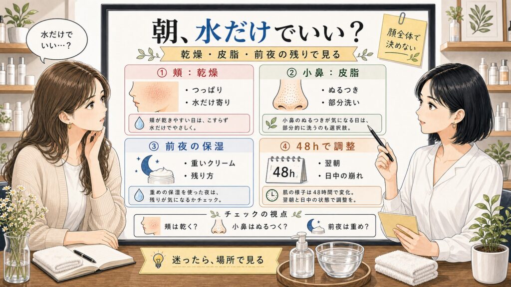 朝の洗顔を水だけにするか乾燥・皮脂・前夜の保湿残りで整理する美容相談ボード