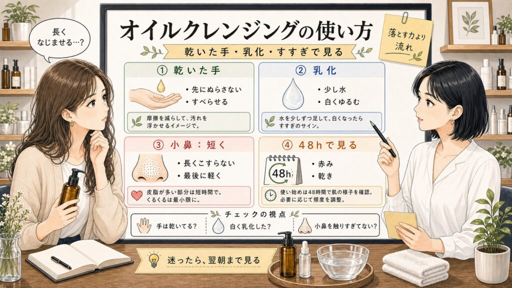 オイルクレンジングの使い方を乾いた手・乳化・小鼻のこすりすぎで整理する美容相談ボード
