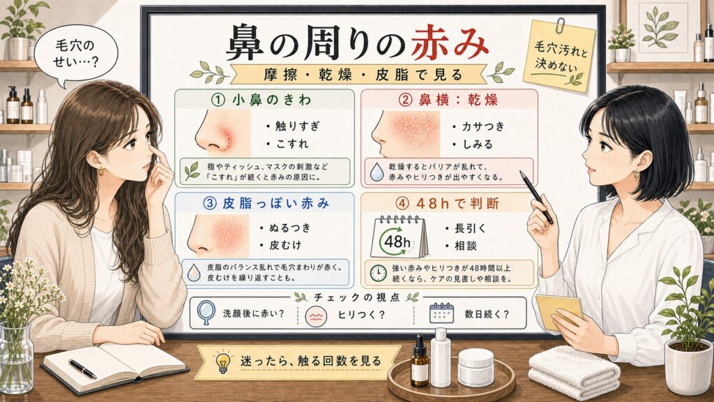 鼻の周りの赤みを摩擦・乾燥・皮脂っぽいカサつきで整理する美容相談ボード