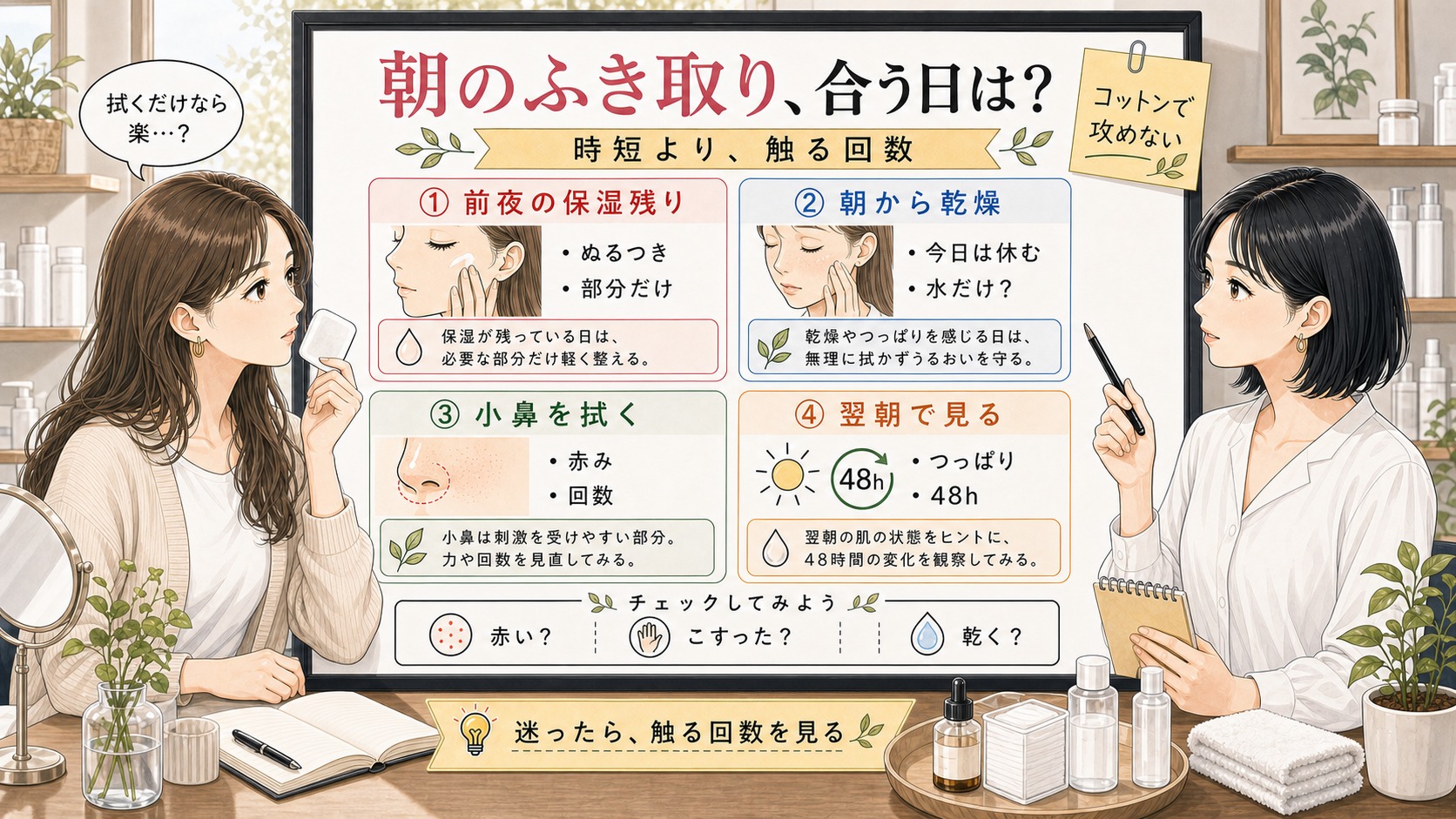 朝のふき取り洗顔をコットン摩擦や乾燥や小鼻の赤みで整理する美容相談ボード