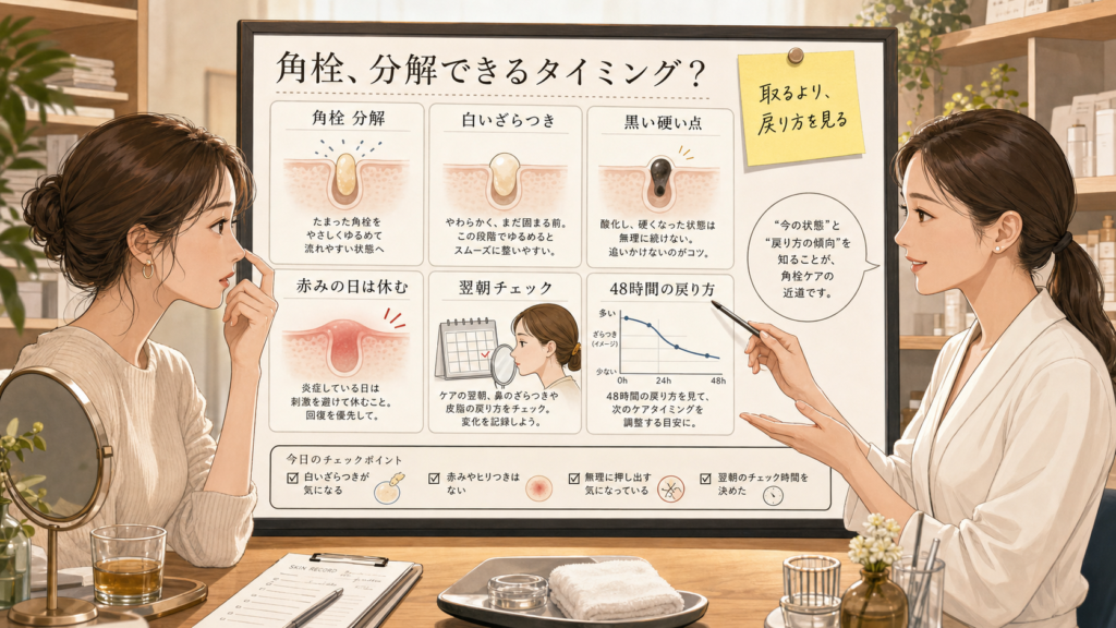 角栓分解のタイミングと休む日を美容相談ボードで整理するアイキャッチ