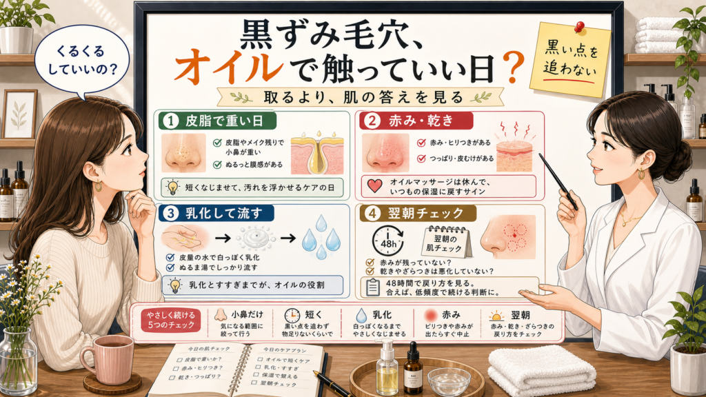 毛穴の黒ずみにオイルマッサージを使ってよい日と休む日を整理する美容相談風アイキャッチ