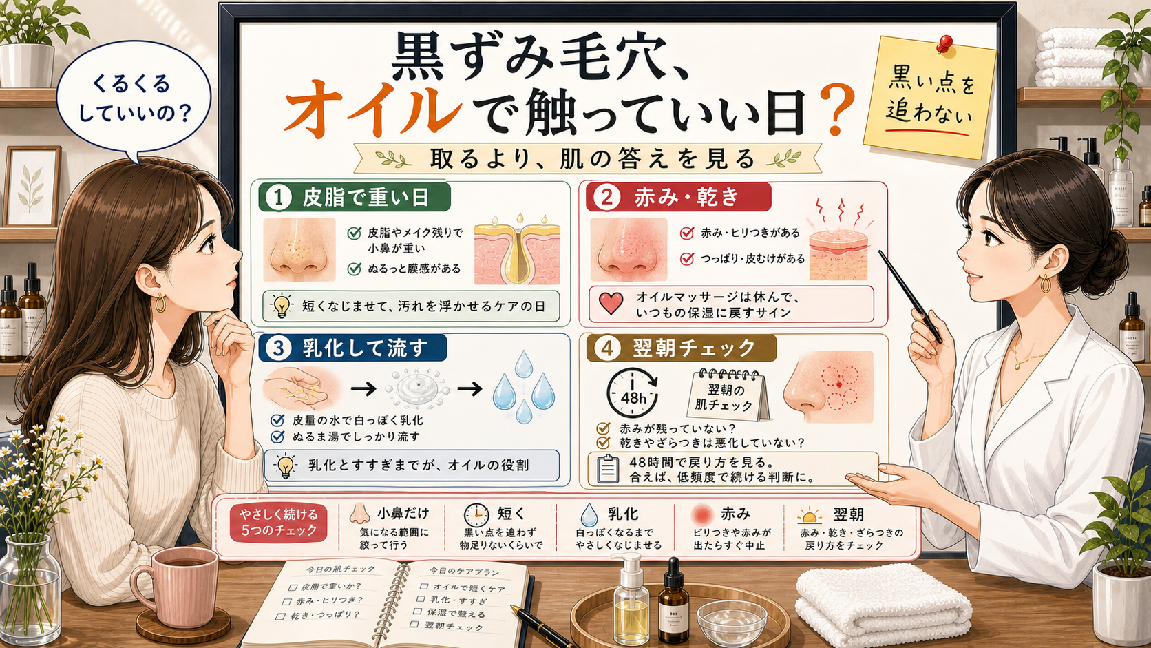 毛穴の黒ずみにオイルマッサージを使ってよい日と休む日を整理する美容相談風アイキャッチ