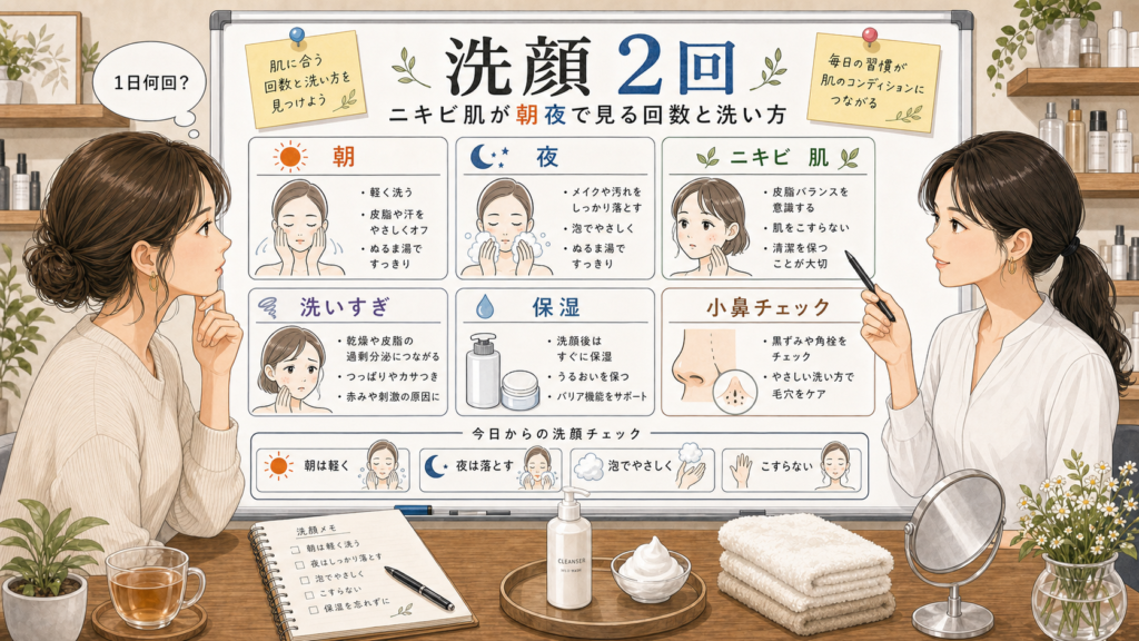 洗顔2回をニキビ肌の朝夜の役割で整理する白い美容相談ボード