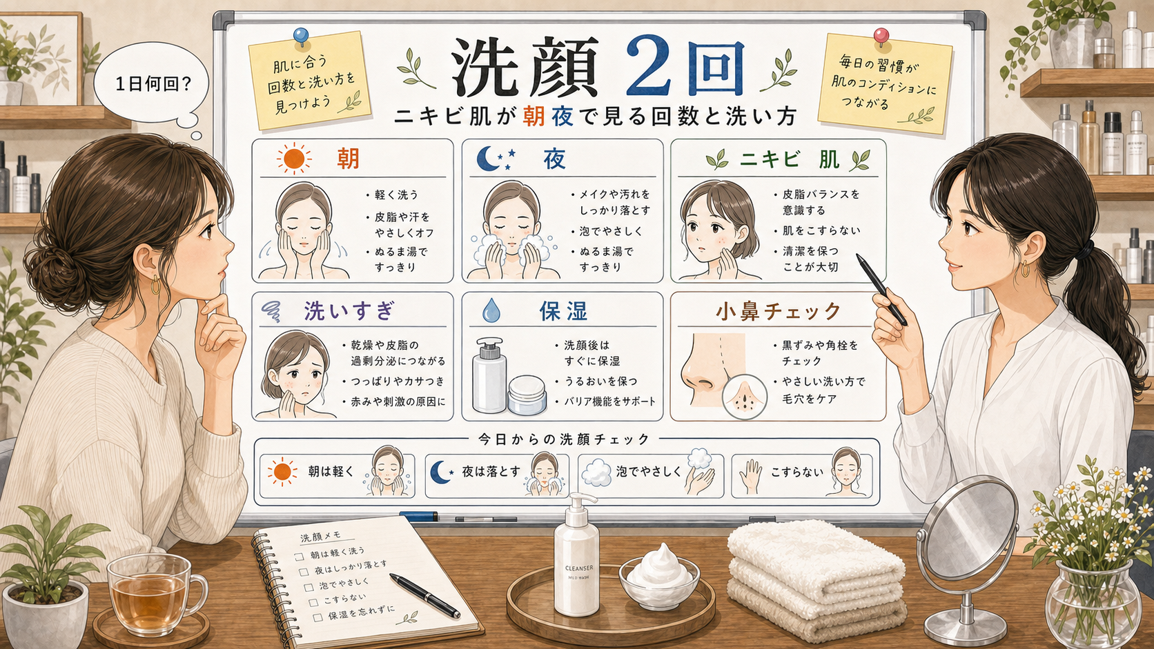 洗顔2回をニキビ肌の朝夜の役割で整理する白い美容相談ボード