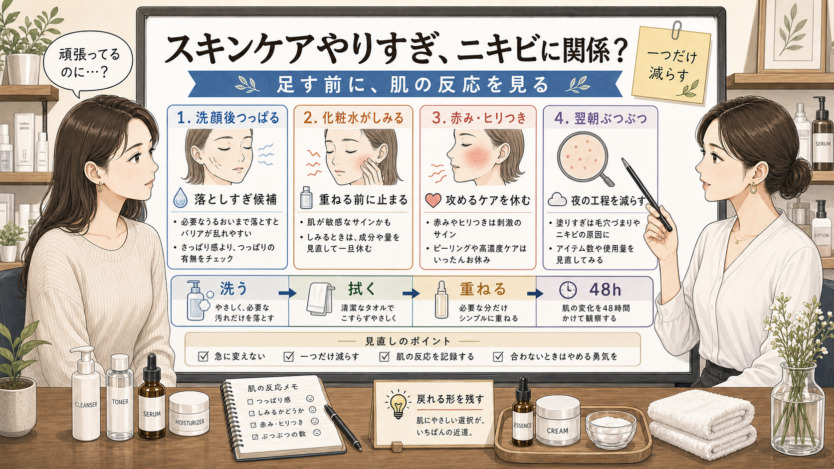 スキンケアやりすぎとニキビの関係を、洗顔後のつっぱり、化粧水のしみ、赤み、翌朝のぶつぶつで見る診断ボード。左に悩む女性読者、右に女性アドバイザーが立ち、洗う・拭く・重ねる・48時間の見直しポイントを示している。