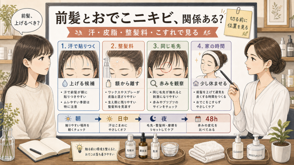 前髪とおでこニキビの関係を、汗・皮脂・整髪料・毛先のこすれで見る診断ボード。左に前髪のある女性読者、右に女性アドバイザーが立ち、朝・日中・夜・48時間の観察ポイントを示している。