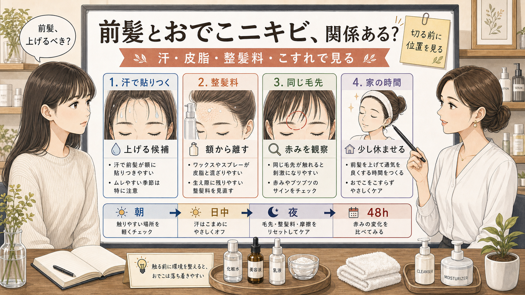 前髪とおでこニキビの関係を、汗・皮脂・整髪料・毛先のこすれで見る診断ボード。左に前髪のある女性読者、右に女性アドバイザーが立ち、朝・日中・夜・48時間の観察ポイントを示している。