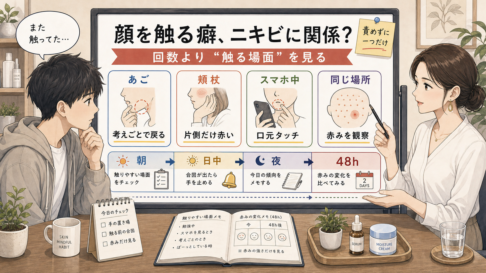 顔を触る癖とニキビの関係を場面別に整理した図解