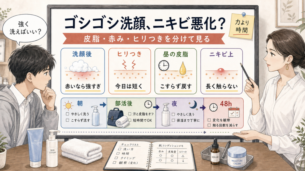 ゴシゴシ洗顔でニキビが悪化するかを高校生向けに整理した図解