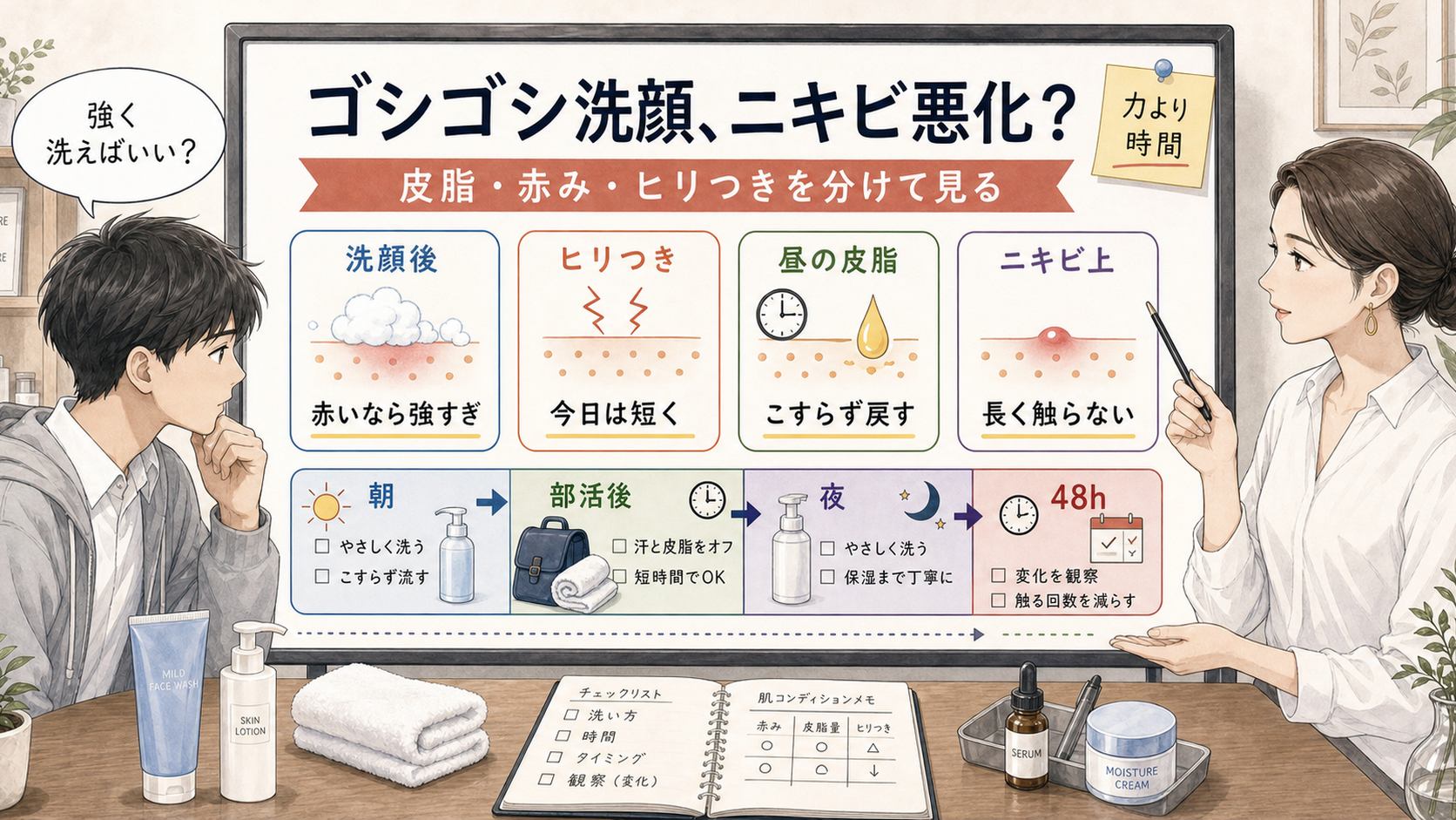 ゴシゴシ洗顔でニキビが悪化するかを高校生向けに整理した図解