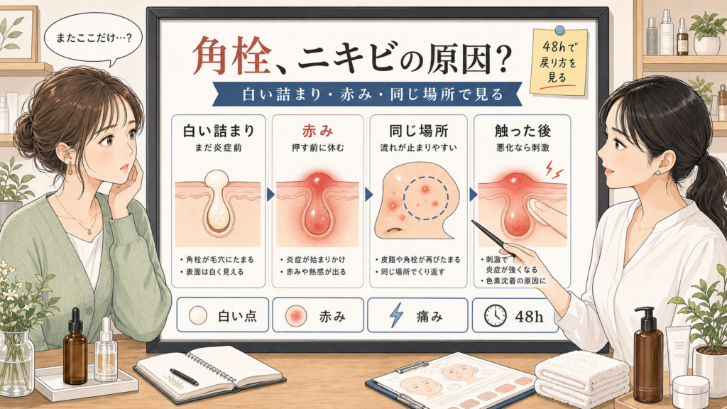 角栓がニキビの原因になる流れを白い詰まり・赤み・同じ場所・触った後で整理する女性アドバイザー付き美容相談アイキャッチ