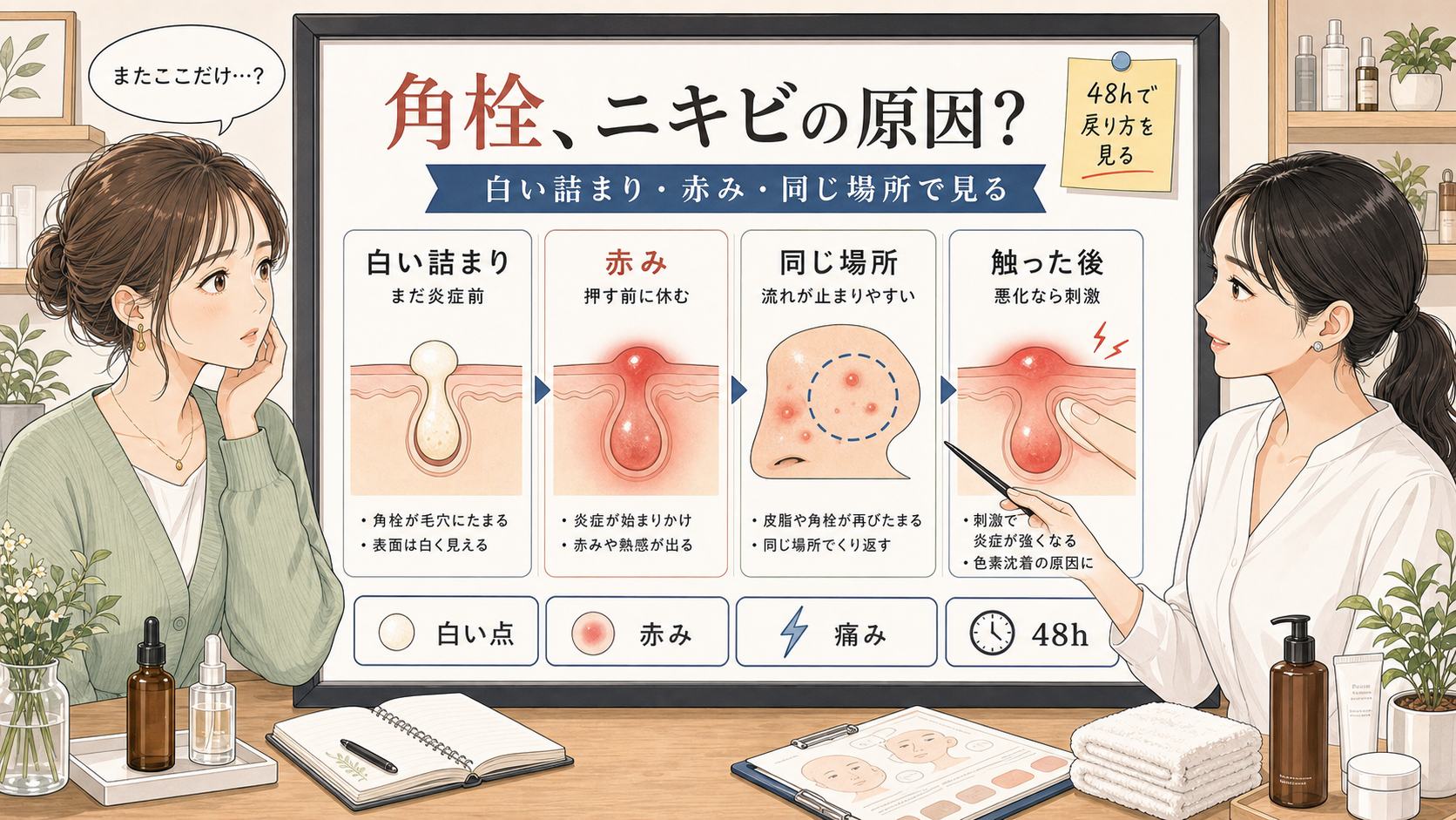 角栓がニキビの原因になる流れを白い詰まり・赤み・同じ場所・触った後で整理する女性アドバイザー付き美容相談アイキャッチ