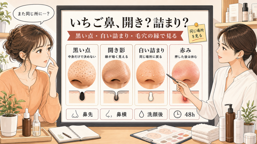 いちご鼻の開き毛穴と詰まりを黒い点・白い詰まり・毛穴の縁で整理する女性アドバイザー付き美容相談アイキャッチ