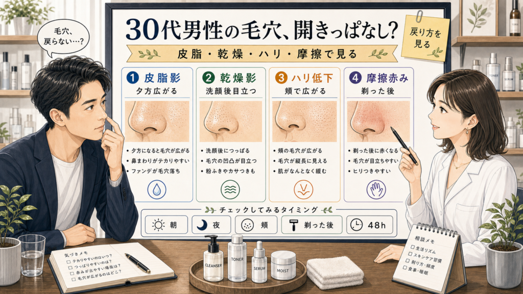 30代男性の毛穴の開きを皮脂・乾燥・ハリ低下・摩擦で整理する女性アドバイザー付き美容相談アイキャッチ