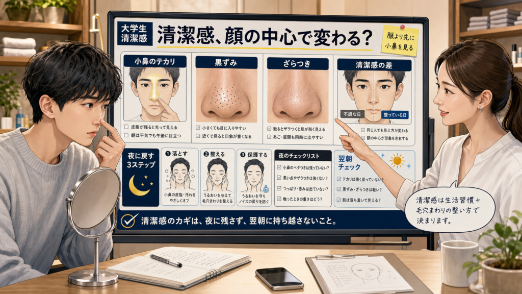 大学生の清潔感を小鼻のテカリと黒ずみから見直す美容相談風アイキャッチ