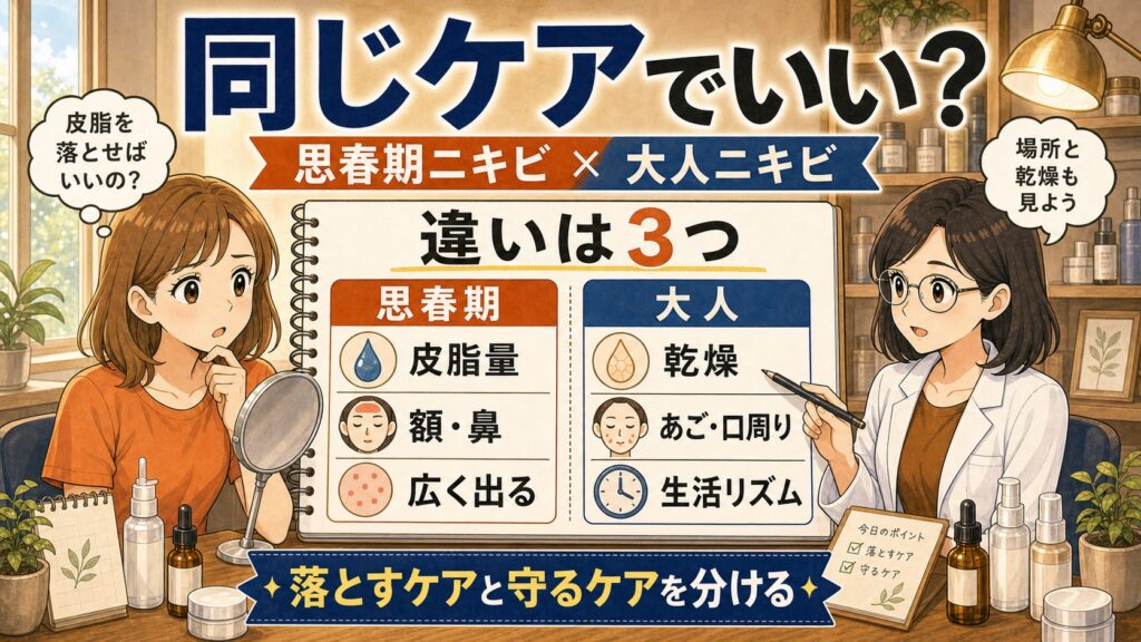 大人ニキビと思春期ニキビの違いを場所・乾燥・生活リズムで整理する解説