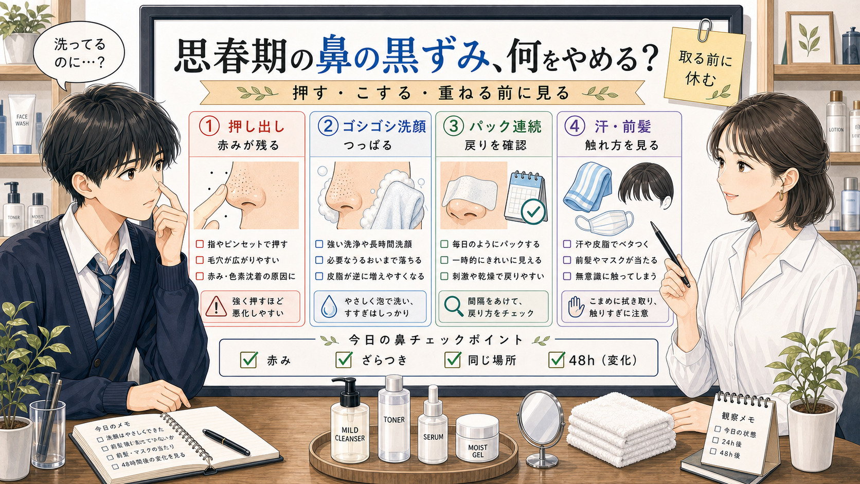 思春期男子の鼻の黒ずみで押し出し・ゴシゴシ洗顔・パック連続・汗や前髪の触れ方を整理する美容相談アイキャッチ