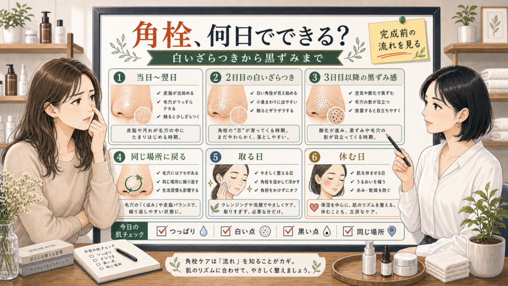 角栓が何日でできるかを白いざらつきから黒ずみまでの段階で整理する美容相談風アイキャッチ