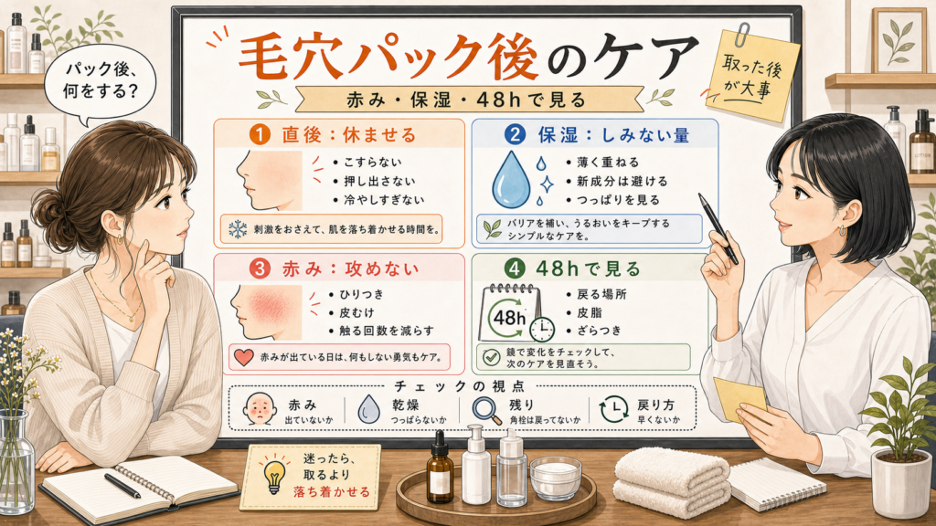 毛穴パック後のケアを赤みと保湿と48時間で整理する美容相談風アイキャッチ