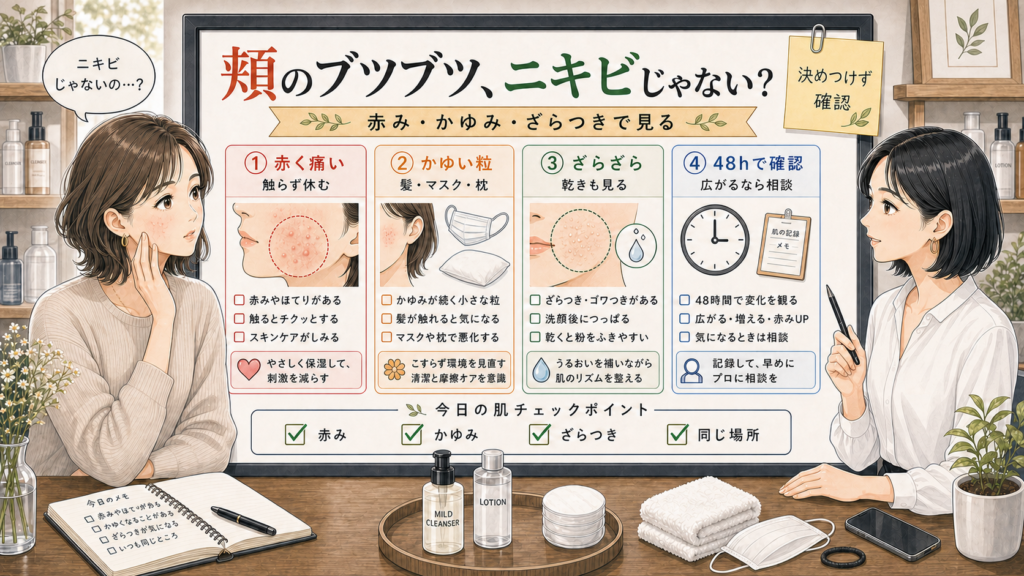 頬のブツブツがニキビではないかもしれない時に赤み・かゆみ・ざらつき・48時間確認で見分ける美容相談アイキャッチ