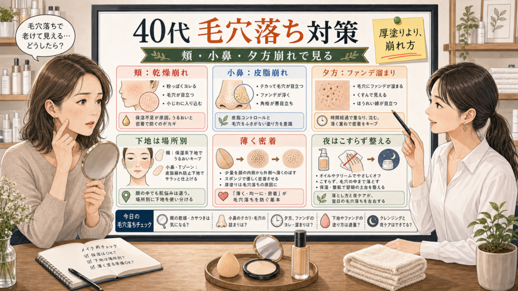 40代の毛穴落ち対策を頬小鼻夕方崩れで整理する美容相談風アイキャッチ