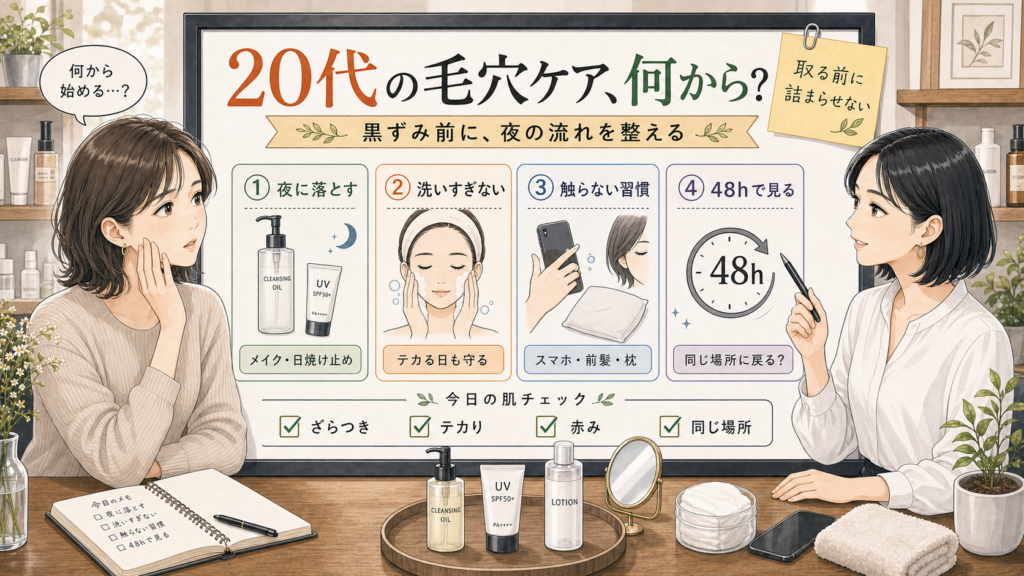 20代の毛穴ケアを夜の落とし方・保湿・触らない習慣・48時間確認で整理する美容相談アイキャッチ