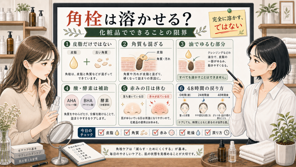 角栓を溶かす化粧品の限界を皮脂と角質で整理する美容相談風アイキャッチ