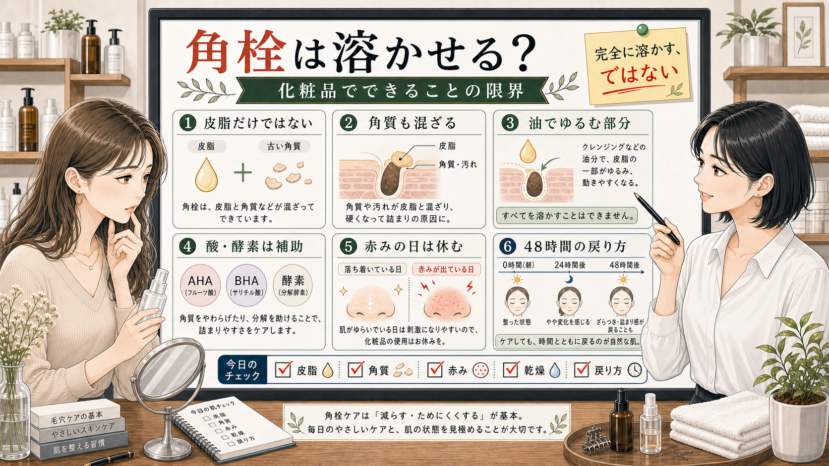 角栓を溶かす化粧品の限界を皮脂と角質で整理する美容相談風アイキャッチ