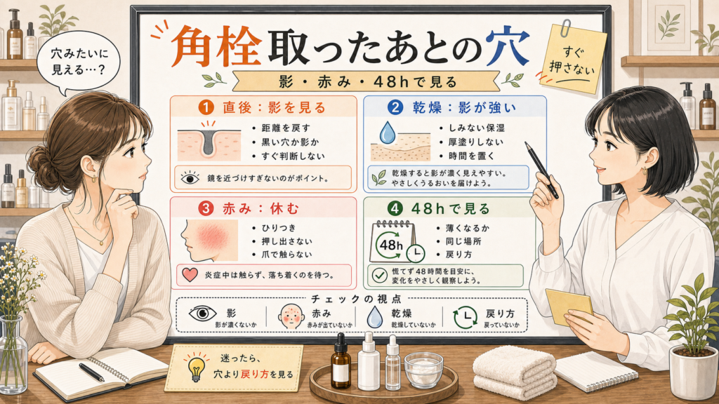 角栓を取ったあとの穴を影と赤みと48時間で整理する美容相談風アイキャッチ