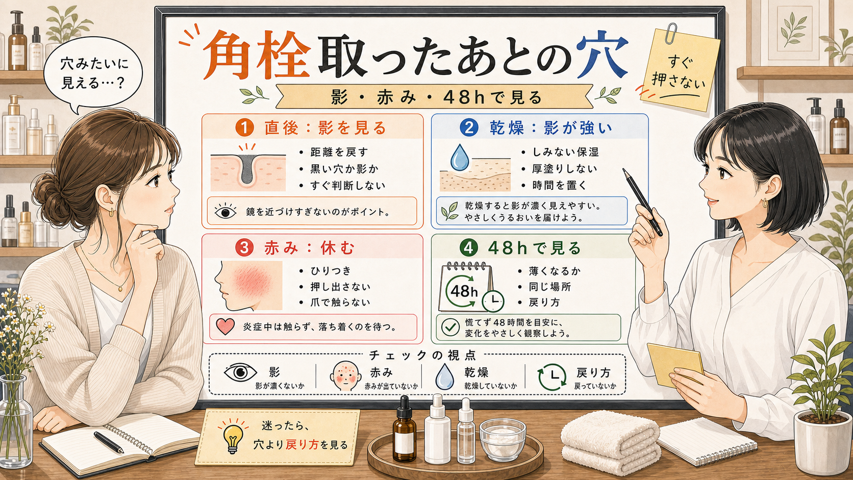 角栓を取ったあとの穴を影と赤みと48時間で整理する美容相談風アイキャッチ