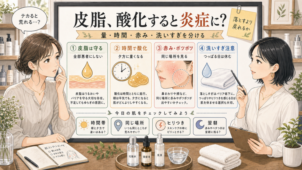 皮脂が酸化して炎症につながるかを、量・時間・赤み・洗いすぎで整理する美容相談アイキャッチ