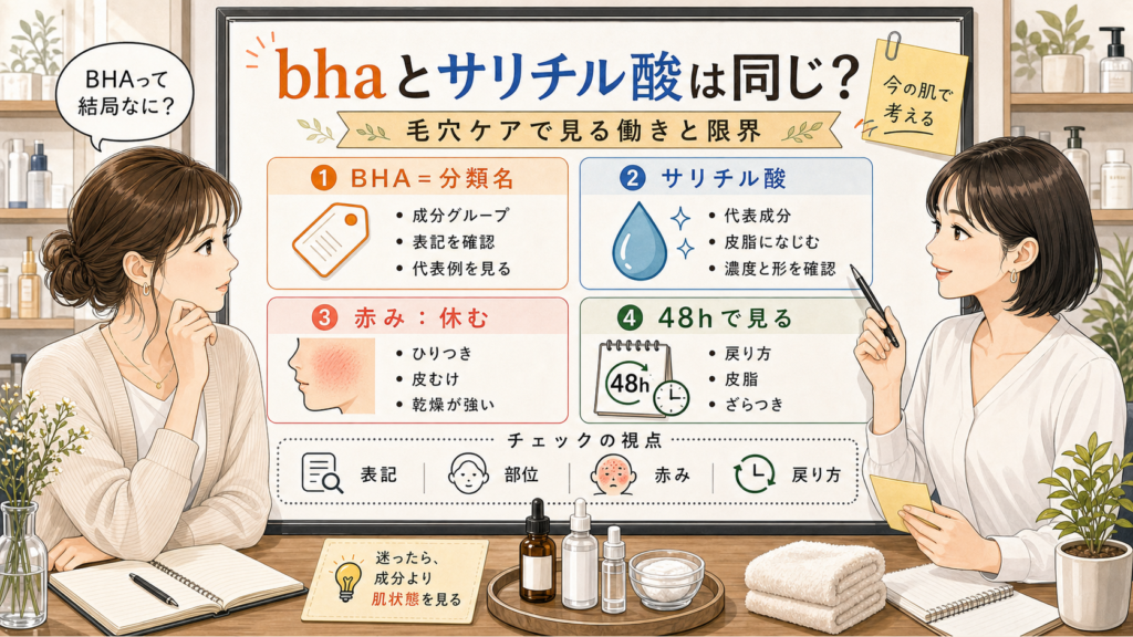 BHAとサリチル酸の関係を1433基準の診断ボードで整理する美容相談風イラスト