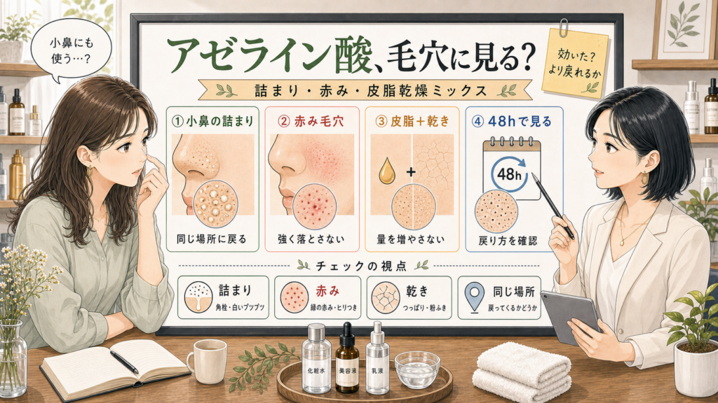 アゼライン酸と毛穴効果を小鼻の詰まり、赤み毛穴、皮脂と乾き、48時間の戻り方で整理する美容相談イラスト