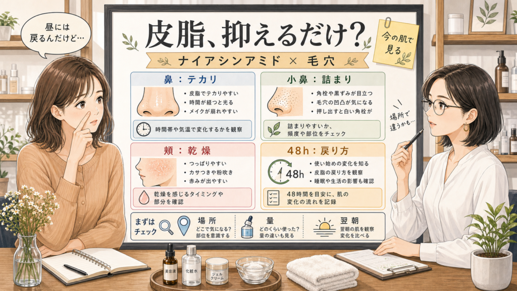 ナイアシンアミドと皮脂抑制を毛穴の場所別に整理する美容相談アイキャッチ