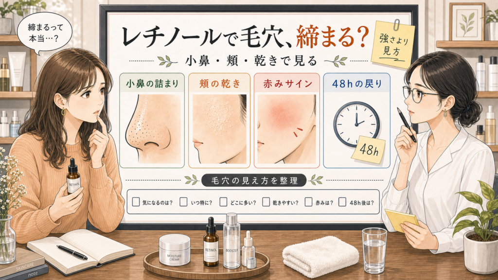 レチノールで毛穴が引き締まるかを小鼻と頬と乾きで整理する美容相談ボード