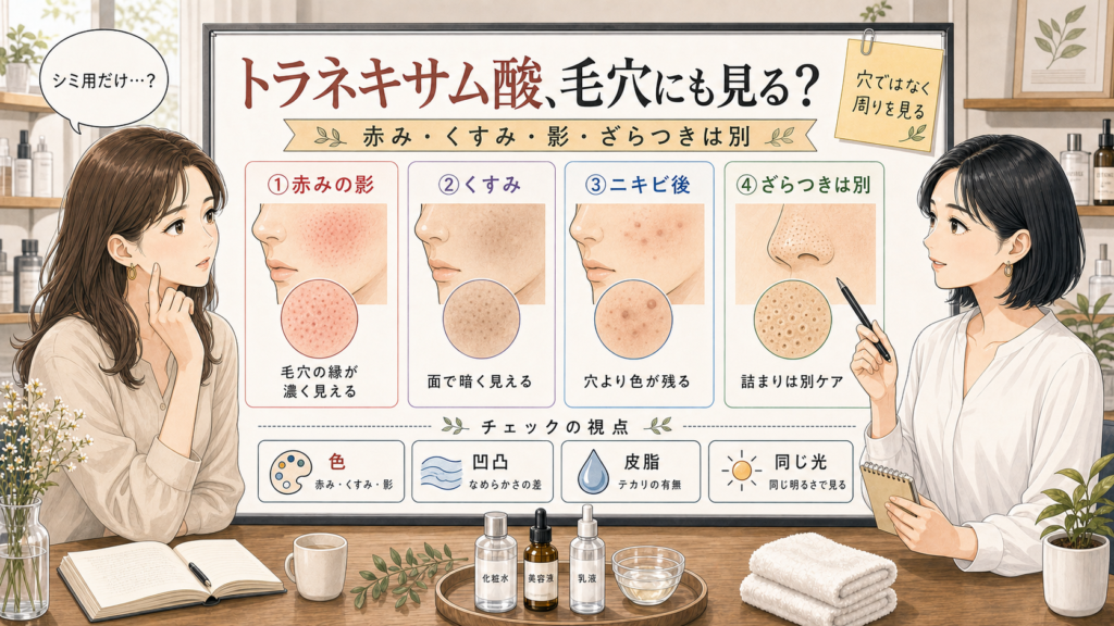 トラネキサム酸と毛穴の関係を赤みの影、くすみ、ニキビ後、ざらつきは別で整理する美容相談イラスト