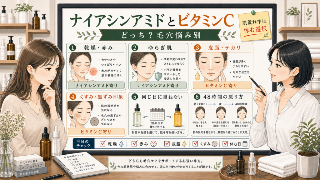 ナイアシンアミドとビタミンCどっちがいいかを毛穴悩み別に整理する美容相談風アイキャッチ