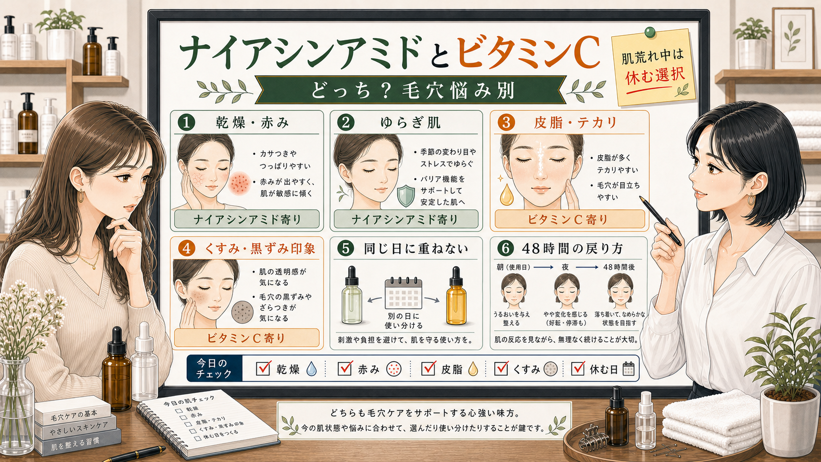ナイアシンアミドとビタミンCどっちがいいかを毛穴悩み別に整理する美容相談風アイキャッチ