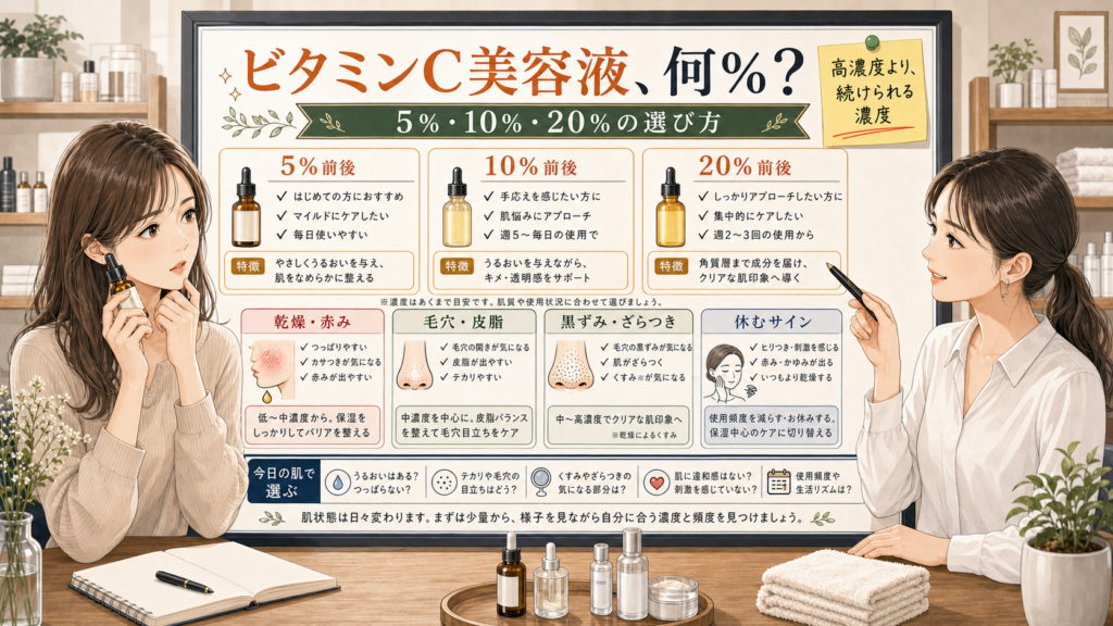 ビタミンC美容液の濃度を5％10％20％で選ぶ美容相談風アイキャッチ