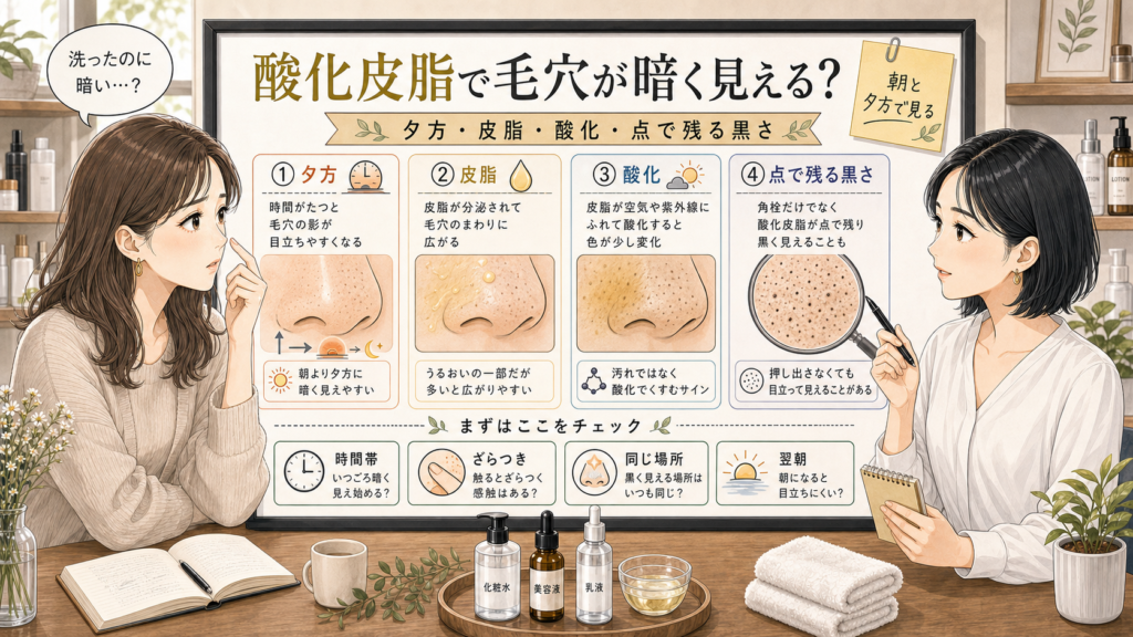 酸化皮脂で毛穴が暗く見える理由を夕方、皮脂、酸化、点で残る黒さで整理する美容相談ボード