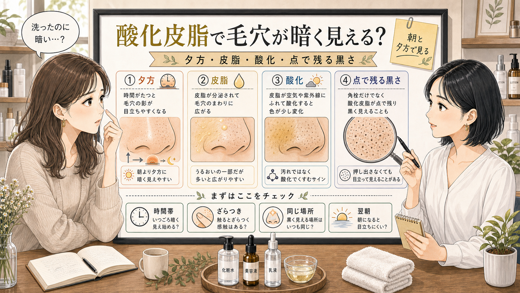 酸化皮脂で毛穴が暗く見える理由を夕方、皮脂、酸化、点で残る黒さで整理する美容相談ボード