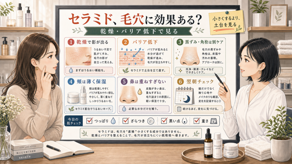 セラミドが毛穴に効果あるかを乾燥やバリア低下と黒ずみ角栓の違いで整理する美容相談風アイキャッチ
