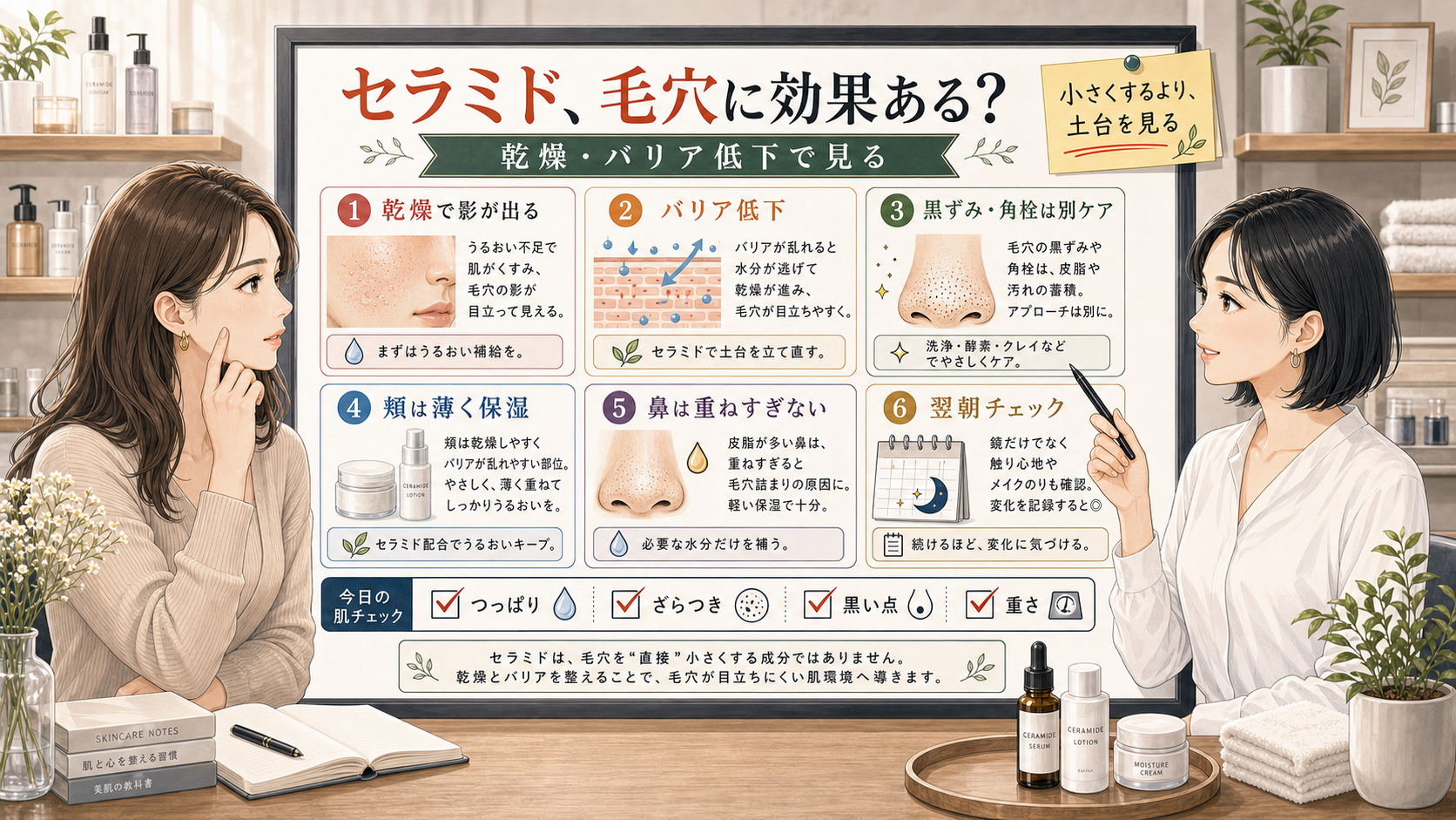セラミドが毛穴に効果あるかを乾燥やバリア低下と黒ずみ角栓の違いで整理する美容相談風アイキャッチ
