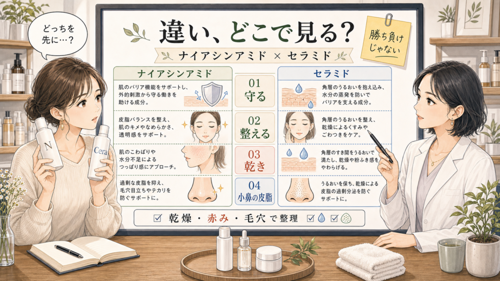 ナイアシンアミドとセラミドの違いを乾燥や赤みや毛穴で整理する美容相談ボード