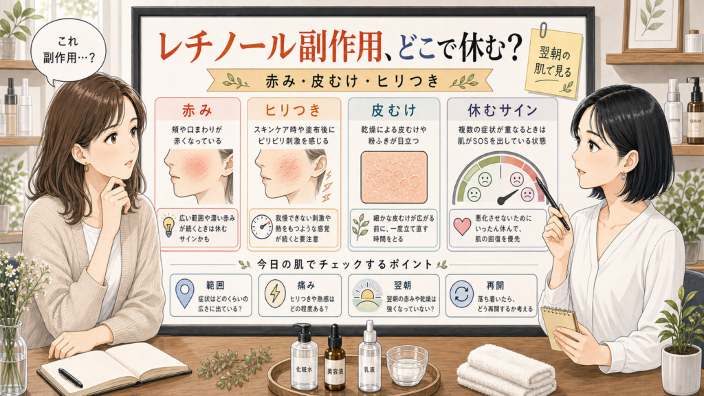 レチノール副作用の赤み、ヒリつき、皮むけ、休むサインを整理する美容相談ボード