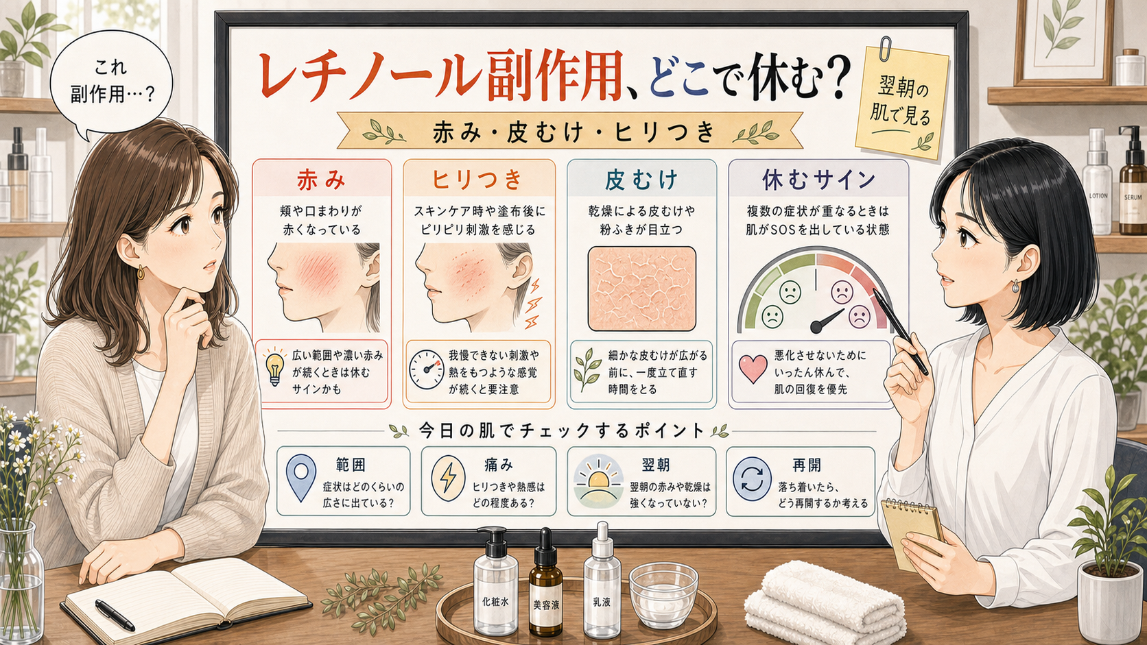 レチノール副作用の赤み、ヒリつき、皮むけ、休むサインを整理する美容相談ボード