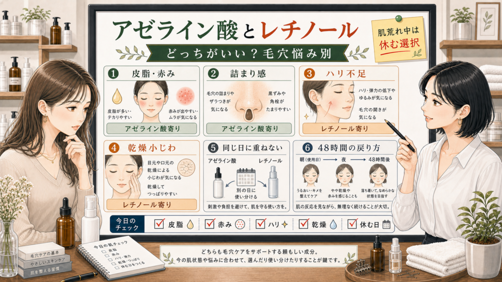 アゼライン酸とレチノールどっちがいいかを毛穴悩み別に整理する美容相談風アイキャッチ