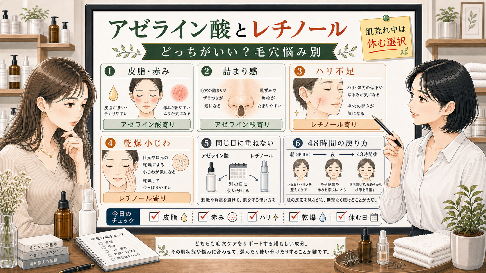 アゼライン酸とレチノールどっちがいいかを毛穴悩み別に整理する美容相談風アイキャッチ